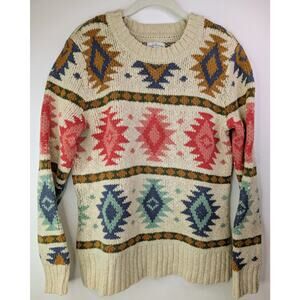 L.L. Bean Signature Cotton Slub Sweater Aztec Beige Southwestern Women's Medium